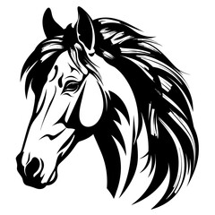 Stylized horse head illustration in black and white, perfect for logos, tattoos, and graphic design projects.