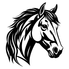 Stylized horse head illustration in black and white, perfect for logos, tattoos, and graphic design projects.
