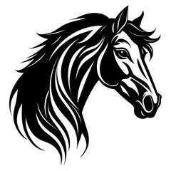 Stylized horse head illustration in black and white, perfect for logos, tattoos, and graphic design projects.