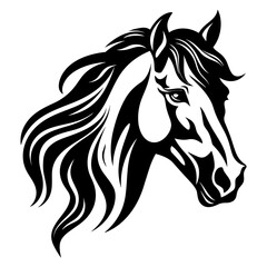 Stylized horse head illustration in black and white, perfect for logos, tattoos, and graphic design projects.