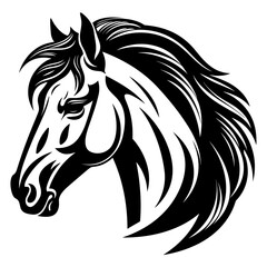 Stylized horse head illustration in black and white, perfect for logos, tattoos, and graphic design projects.
