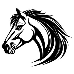 Stylized horse head illustration in black and white, perfect for logos, tattoos, and graphic design projects.