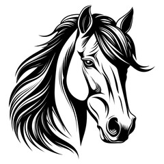 Stylized horse head illustration in black and white, perfect for logos, tattoos, and graphic design projects.