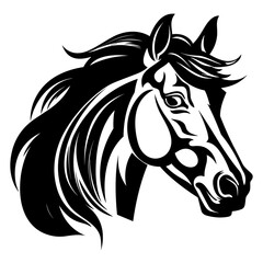 Stylized horse head illustration in black and white, perfect for logos, tattoos, and graphic design projects.