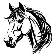 Stylized horse head illustration in black and white, perfect for logos, tattoos, and graphic design projects.