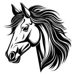 Stylized horse head illustration in black and white, perfect for logos, tattoos, and graphic design projects.