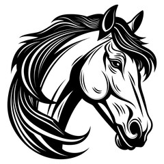 Stylized horse head illustration in black and white, perfect for logos, tattoos, and graphic design projects.