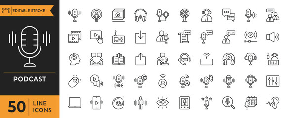 Podcast icon set. contains audio, episodes, broadcasting, conversation, interview, streaming, talk, sound, microphone, host, storytelling, entertainment, and more. Vector illustration