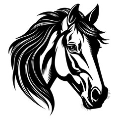 Stylized horse head illustration in black and white, perfect for logos, tattoos, and graphic design projects.