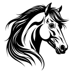 Stylized horse head illustration in black and white, perfect for logos, tattoos, and graphic design projects.