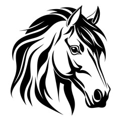Stylized horse head illustration in black and white, perfect for logos, tattoos, and graphic design projects.