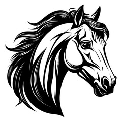 Stylized horse head illustration in black and white, perfect for logos, tattoos, and graphic design projects.