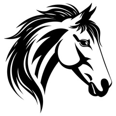 Stylized horse head illustration in black and white, perfect for logos, tattoos, and graphic design projects.