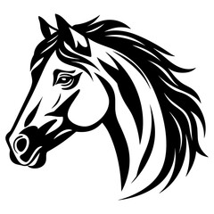 Stylized horse head illustration in black and white, perfect for logos, tattoos, and graphic design projects.