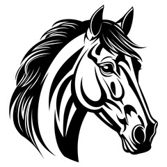 Stylized horse head illustration in black and white, perfect for logos, tattoos, and graphic design projects.