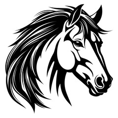 Stylized horse head illustration in black and white, perfect for logos, tattoos, and graphic design projects.