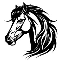 Stylized horse head illustration in black and white, perfect for logos, tattoos, and graphic design projects.