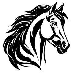 Stylized horse head illustration in black and white, perfect for logos, tattoos, and graphic design projects.