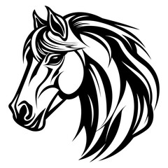 Stylized horse head illustration in black and white, perfect for logos, tattoos, and graphic design projects.