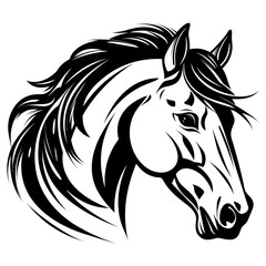 Stylized horse head illustration in black and white, perfect for logos, tattoos, and graphic design projects.