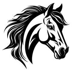 Stylized horse head illustration in black and white, perfect for logos, tattoos, and graphic design projects.
