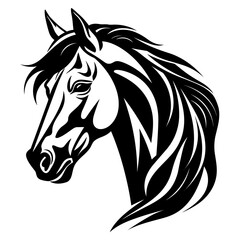 Stylized horse head illustration in black and white, perfect for logos, tattoos, and graphic design projects.