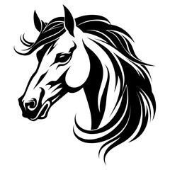 Stylized horse head illustration in black and white, perfect for logos, tattoos, and graphic design projects.