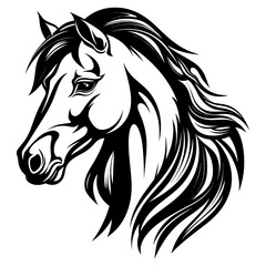 Stylized horse head illustration in black and white, perfect for logos, tattoos, and graphic design projects.