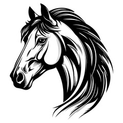 Stylized horse head illustration in black and white, perfect for logos, tattoos, and graphic design projects.