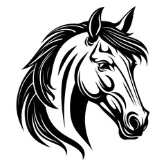 Stylized horse head illustration in black and white, perfect for logos, tattoos, and graphic design projects.