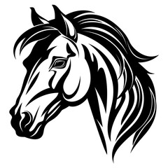 Stylized horse head illustration in black and white, perfect for logos, tattoos, and graphic design projects.