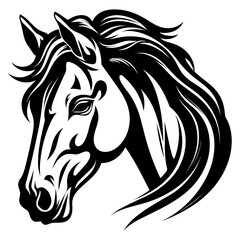 Stylized horse head illustration in black and white, perfect for logos, tattoos, and graphic design projects.