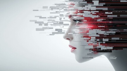 Abstract digital portrait of a face merging with data blocks, symbolizing AI integration and technology fusion.
