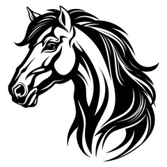 Stylized horse head illustration in black and white, perfect for logos, tattoos, and graphic design projects.