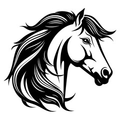 Stylized horse head illustration in black and white, perfect for logos, tattoos, and graphic design projects.