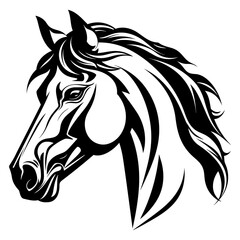 Stylized horse head illustration in black and white, perfect for logos, tattoos, and graphic design projects.