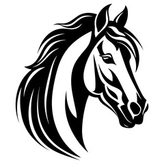 Stylized horse head illustration in black and white, perfect for logos, tattoos, and graphic design projects.