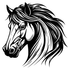 Stylized horse head illustration in black and white, perfect for logos, tattoos, and graphic design projects.