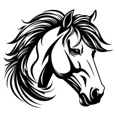 Stylized horse head illustration in black and white, perfect for logos, tattoos, and graphic design projects.