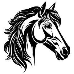 Stylized horse head illustration in black and white, perfect for logos, tattoos, and graphic design projects.