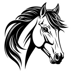 Stylized horse head illustration in black and white, perfect for logos, tattoos, and graphic design projects.