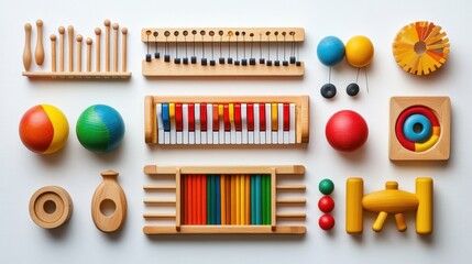 Colorful wooden toys arranged on white background, educational play