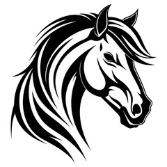 Stylized horse head illustration in black and white, perfect for logos, tattoos, and graphic design projects.