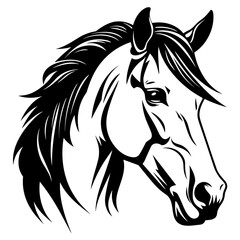 Stylized horse head illustration in black and white, perfect for logos, tattoos, and graphic design projects.