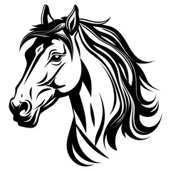 Stylized horse head illustration in black and white, perfect for logos, tattoos, and graphic design projects.