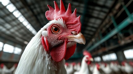 A close up of a rooster in a chicken coop with other chickens in the background