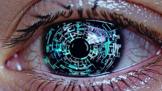 Macro shot of a futuristic eye with hologram data in the blue iris.