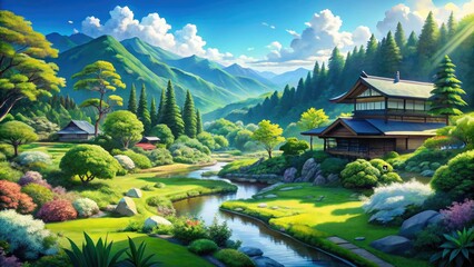 Fototapeta premium Anime Valley Garden Landscape: Breathtaking Scenery, Lush Greenery, Candid Photography Style