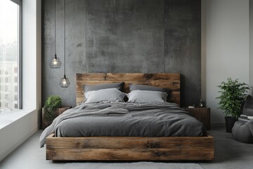 Rustic wooden bed with gray bedding in modern bedroom