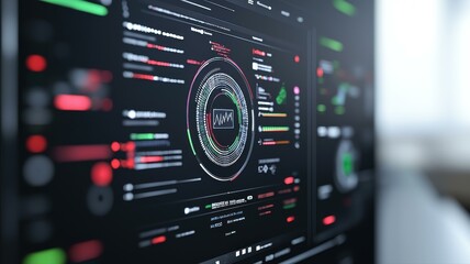 Close-up of a futuristic digital interface with data visualization on a high-tech monitor screen in dark mode.